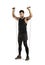 Hes owning this workout. Studio shot of a young man working out with a resistance band against a white background.