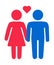 Heterosexual romantic date. Man and woman with heart shape above. Vector line symbol