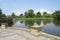 Hever castle garden\'s patio at a lakeside in England