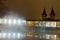 Heviz, Hungary - December 6, 2019: The steamy Heviz spa at night. This pond is the largest natural warm watered thermal lake in