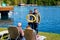 Heviz, Hungary - September 27, 2018: Turists on the beach of therapeutic lake Heviz in Hungary with warm water