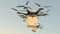 Hexacopter drones delivery cardboard packages in formation