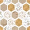 Hexagon seamless pattern with digital marble paper, shiny gold foil, silver glitter texture