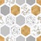 Hexagon seamless pattern with digital marble paper, shiny gold foil, silver glitter texture