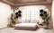 Hexagon Shelf wooden style on wall Bedroom japanese style with plants and lamp decoration on wooden floor.3D rednering