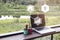 Hexagon technology with icon over laptop on wooden table