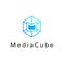 Hexagonal geometrical social network logo icon with letter M, simple lines.Honeycomb blue logotype, element for net web design