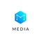 Hexagonal geometrical social network logo icon with letter M, simple lines.Honeycomb blue logotype, label for net web design