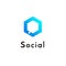 Hexagonal geometrical social network logo icon with speech bubble, simple lines.Honeycomb blue logotype, label for net web design