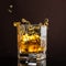 Hexagonal glass of whiskey with ice and splashes from an abandoned and falling ice cube