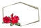 Hexagonal golden 3d frame with red watercolor roses. Isolated raster element.