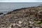 Hexagonal stone columns formations, sea in background, at Giant`s causeway, Northern Ireland