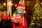 Hey you. Generosity. Charity help. Man senior bearded Santa claus hold gift box. Winter fundraising ideas. Celebrate new