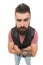 Hey you there. Hipster with mustache and long beard. Man mature bearded muscular brutal hipster white background