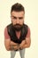 Hey you there. Hipster with mustache and long beard. Man mature bearded muscular brutal hipster white background