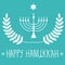 HHand Drawn White David Star Menorah Candle Holder Silhouette on Blue Background. Laurel Wreath. Happy Hanukkah Hand Lettering
