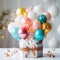 HHappy Birthday Cake balloon around white stand for ceremony, many giftboxes, multicolor glossy balloons on the stand, fireworks,