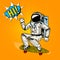 Hi pop art astronaut soaring on a skateboard. Spaceman cosmonaut superhero explore adventure. engraved hand drawn in old