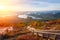 Hiawassee  Georgia  USA landscape with Chatuge Lake in early autumn