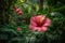 A hibiscus flower the size of a child\\\'s head, in a riot of pink blooms against a background of emerald palms. Generative AI