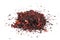 Hibiscus, a pile of red dried Hibiscus tea leaves. Karkade tea. On white background. View from above