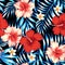 Hibiscus red and palm leaves blue seamless background