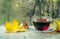 Hibiscus tea cup and yellow maple leaf on a wooden table. red butterfly on a yellow autumn leaf and vitamin tea for colds. copy sp
