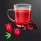 Hibiscus tea in a glass mug and roselle bract isolated on a transparent background. Dry roselle bract tea. Realistic