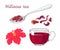 Hibiscus tea set. Red flower, dried leaves in spoon, glass cup with  drink