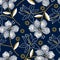 Hibiscus tropical embroidery navy seamless pattern
