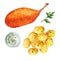 Ð¡hicken kiev cutlet with boiled potatoes and sauce. Illustration watercolor