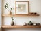Hickory Wood Floating Shelf with Canvas Frames and a Green Vase - AI Generated