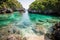 a hidden beach, with crystal-clear water and rolling waves