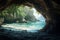 A hidden cave with a pristine beach inside realistic tropical background