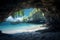 A hidden cave with a pristine beach inside realistic tropical background