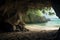 A hidden cave with a pristine beach inside realistic tropical background