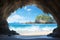 A hidden cave with a stunning beach inside realistic tropical background