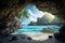 A hidden cave with a stunning beach inside realistic tropical background