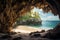 A hidden cave with a stunning beach inside realistic tropical background