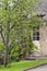 Hidden doors in stone house with purple flowering wisteria