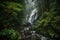 hidden gem in the midst of a misty mountain forest - a breathtaking waterfall surrounded by vibrant foliage