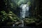 A hidden jungle waterfall accessible only by foot realistic tropical background