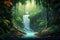 A hidden jungle waterfall accessible only by foot vector tropical background
