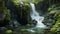 A hidden mountain waterfall, its waters trickling down moss-covered rocks, creating a soothing melody in the serene atmosphere.-