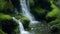 A hidden mountain waterfall, its waters trickling down moss-covered rocks, creating a soothing melody in the serene atmosphere.-