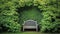 hidden nook in the garden, tree arch and wooden garden bench on a grass lawn, beech hedge in park