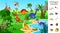 Hidden objects game. Dinosaur rainforest, visual gaming puzzle location to find 10 objects. Child cartoon garish