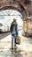 The Hidden Traveler: Waiting at the Train Station with a Large Suitcase. Watercolor Painting. Ideal for Travel Blogs and Websites