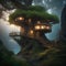 A hidden treehouse nestled high within an ancient tree, adorned with luminous, bioluminescent moss2