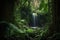 hidden waterfall in dense jungle foliage